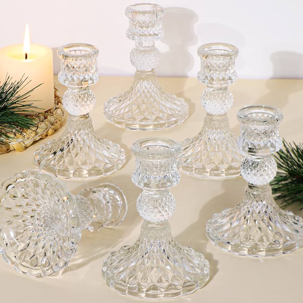 Simeitol Glass Candle Holder Set of 6, Clear Candlestick Holder & Taper Candle Holder for Wedding... | Amazon (US)