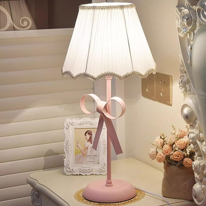 Nordic White Pink Table Lamp for Girl's Bedroom Single Cute Bow Table Lamp with Fabric Shade Mode... | Amazon (US)