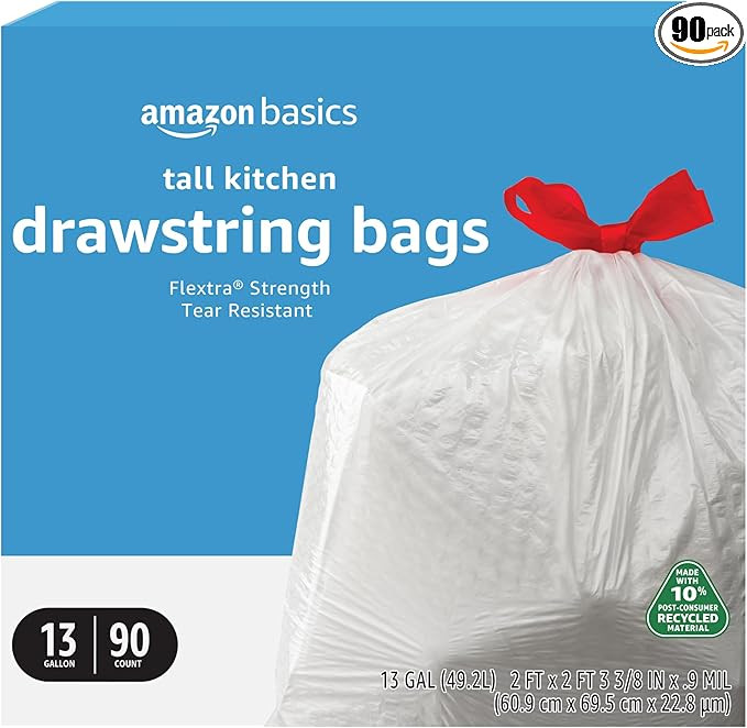 Amazon Basics 13 Gallon Tall Kitchen Drawstring Trash Bags, Flextra Strength, Tear Resistant, 10%... | Amazon (US)