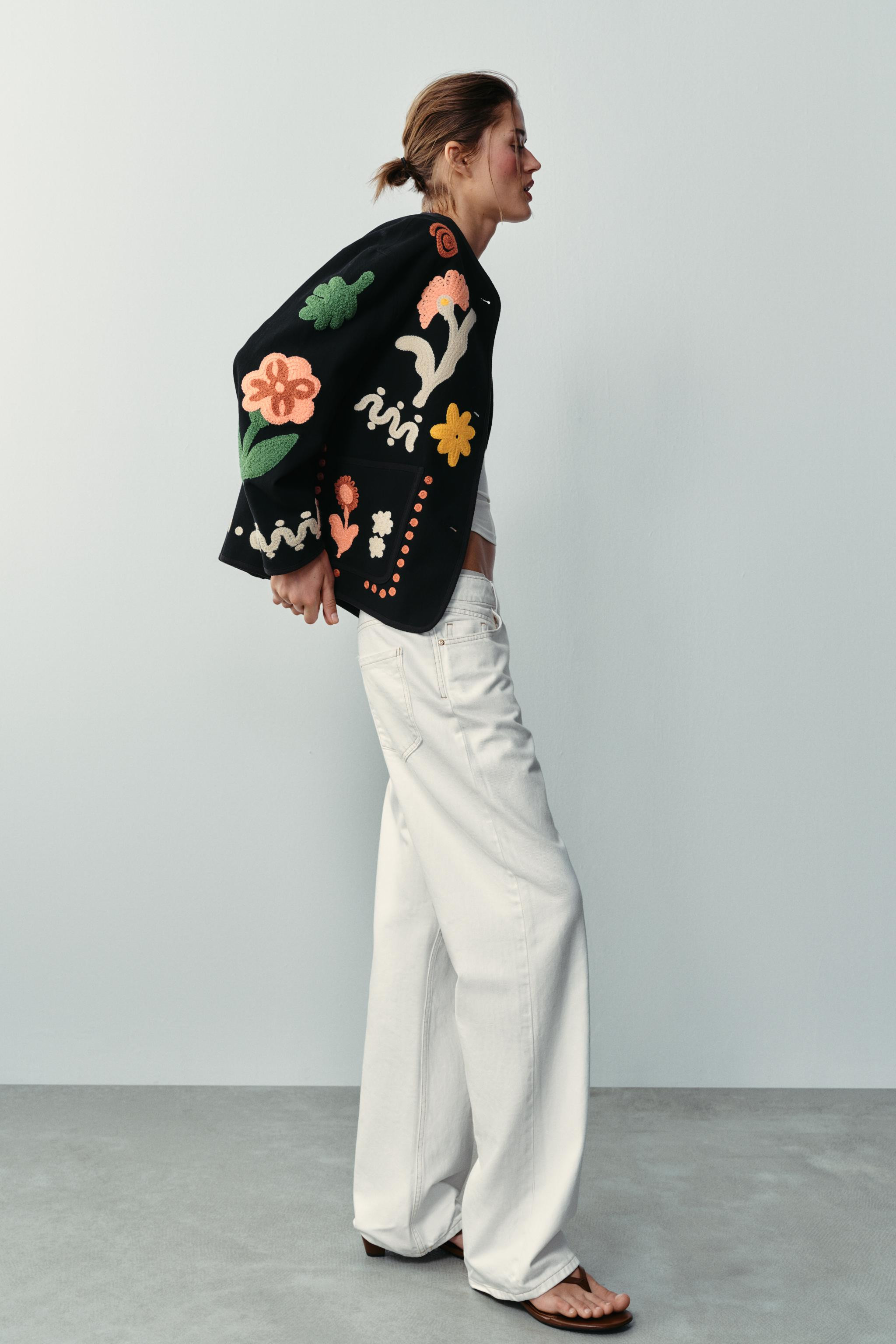 Round neck, long-sleeve jacket. Features front patch pockets, embroidered floral detailing, and f... | Zara US