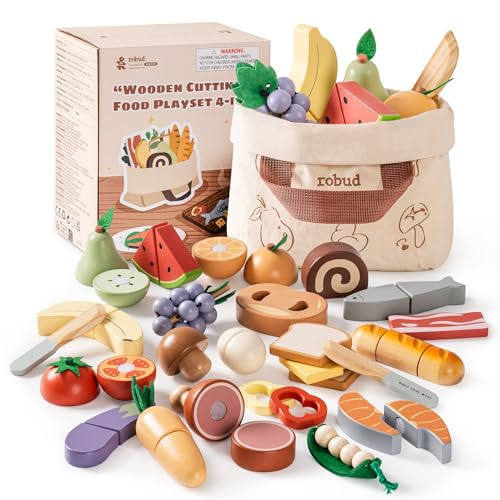 ROBUD Wooden Toy Food Set, Cutting Toy Food for Pretend Play Kitchen Accessories Toyfood Playset with Storage Bag, Toys Gifts for 3+ Year Old Girls Boys | Amazon (US)