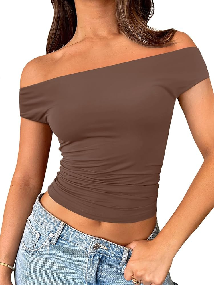Trendy Queen Off The Shoulder Tops for Women Going Out Y2K Summer Cute Shirts Sexy 2025 Double Li... | Amazon (US)