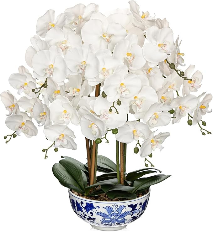 Briful Large Orchid Fake Flower in Blue and White Porcelain Bowl 24.8" White Orchid Silk Floral A... | Amazon (US)