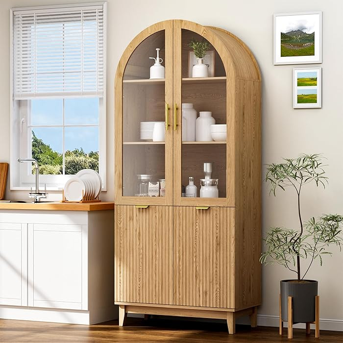 71" Tall Arched Pantry Cabinet, Kitchen Pantry with Glass Doors & Fluted Doors, Wood Storage Cabi... | Amazon (US)