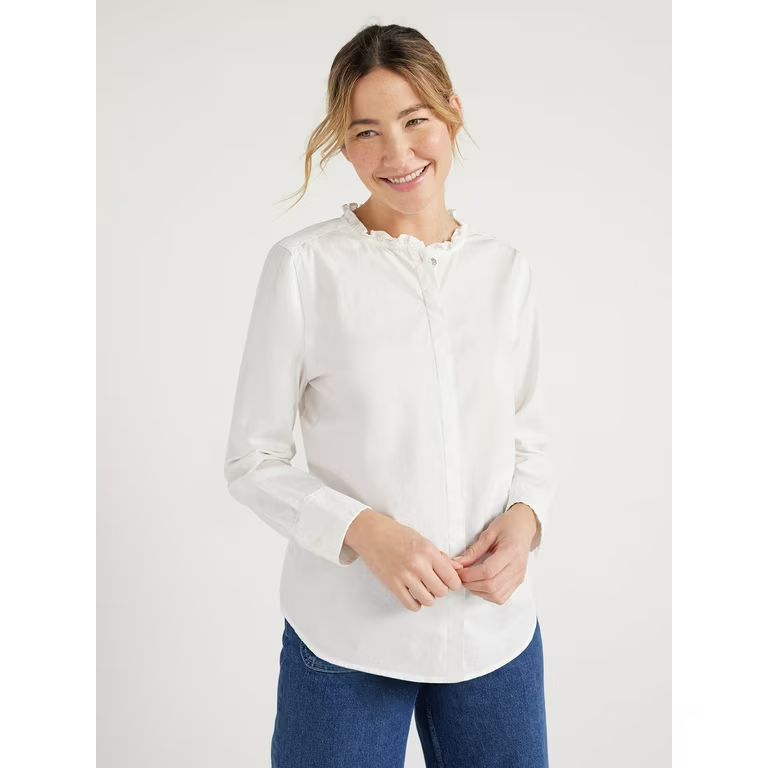 Free Assembly Women’s Ruffle Neck Shirt with Long Sleeves, Sizes XS-XXL | Walmart (US)