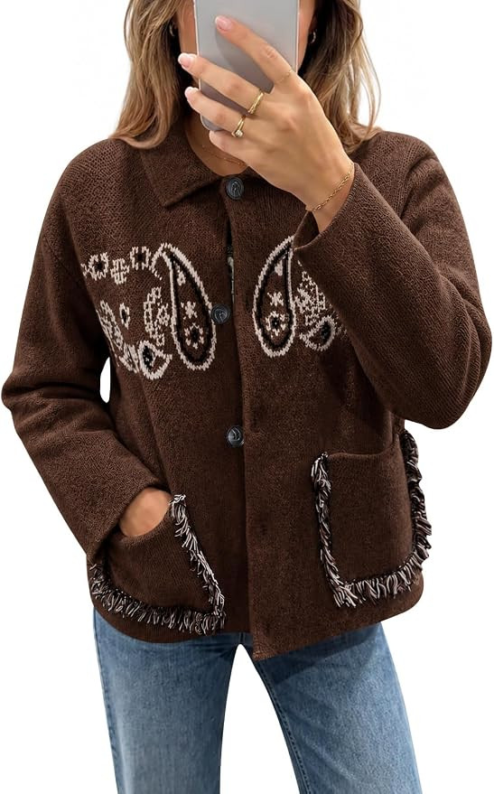 Saodimallsu Womens Boho Cardigan Fringe Paisley Fall Sweater with Pockets | Amazon (US)