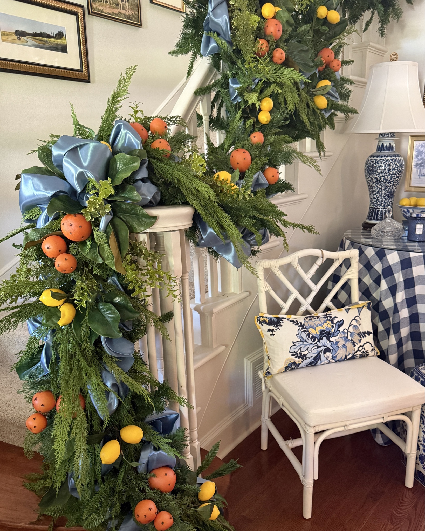 Shop my citrus stairway garland! I’ve linked up my favorite base garlands (these always sell out quickly so I’ll also make sure to add a few alternatives). 

I made my bows from satin table runners I found on Amazon! This is such a cost effective way to get the look of lots of satin ribbon. The color I used is Dusty Blue.

#christmasdecor #garland

#LTKSeasonal #LTKHome