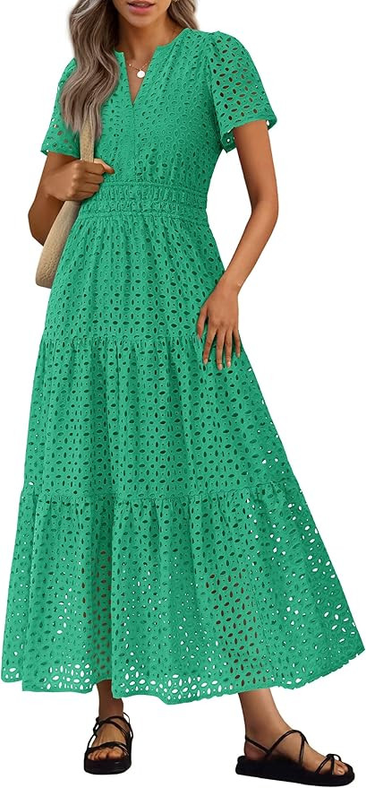 PRETTYGARDEN Womens 2025 Summer Maxi Dress Short Sleeve V Neck Hollow Out Eyelet A Line Long Flow... | Amazon (US)