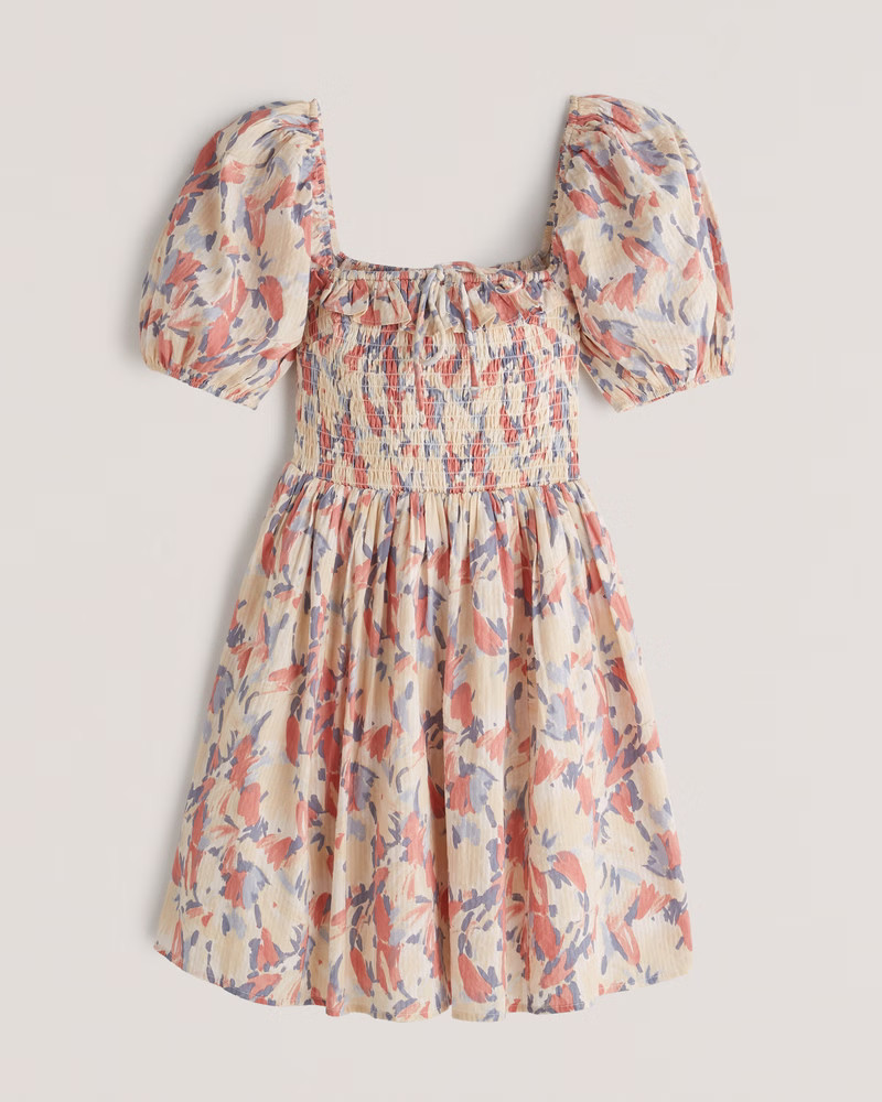 Smocked Bodice Mini Dress Beige Dress Dresses Floral Dress Spring Dress Spring Outfits  | Abercrombie & Fitch (US)