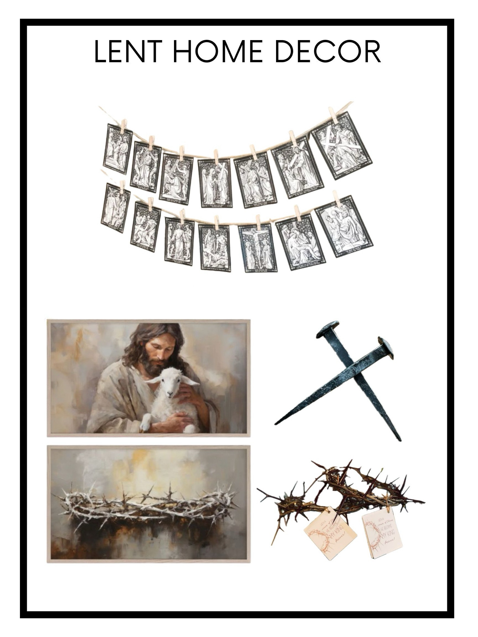Lent home decor | crown of thorns | framed TV art | crucifixion nails | station of the cross 

#LTKfindsunder50 #LTKfamily #LTKhome