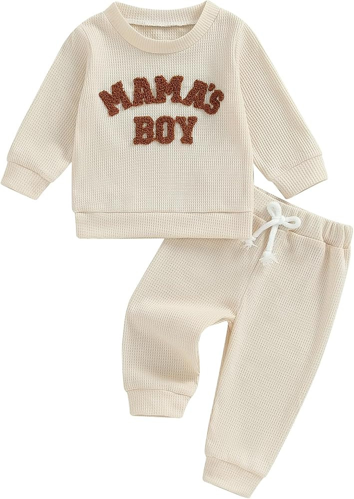Kupretty Toddler Baby Boy Fall Winter Clothes Embroidery Waffle Knit Sweatshirt Pullover Tops + C... | Amazon (US)