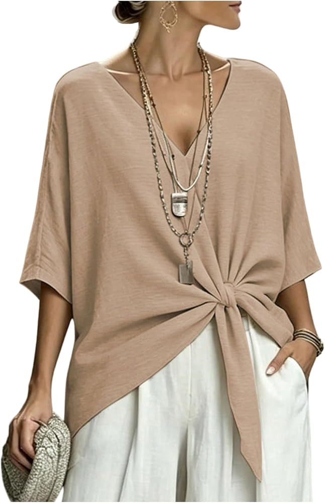 SweatyRocks Women's Twist Knot Half Sleeve Asymmetrical Blouses V Neck Summer Boho Loose Tunic To... | Amazon (US)