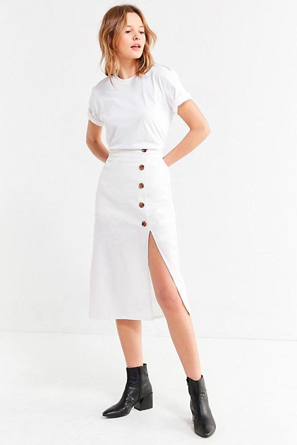 BOG Collective Button-Down Linen Midi Skirt - White XS at Urban Outfitters | Urban Outfitters US
