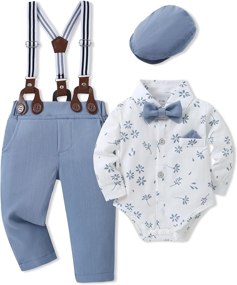 SANMIO Baby Boy Clothes Suit 0-24M Boys Baptism Easter Outfits Baby Shirt+Bow Tie+Pants+Suspender... | Amazon (US)