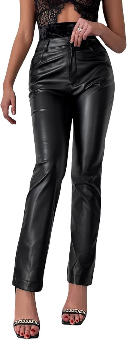 MakeMeChic Women's Faux Leather Pants High Waisted Straight Leg Pleather Pants | Amazon (US)