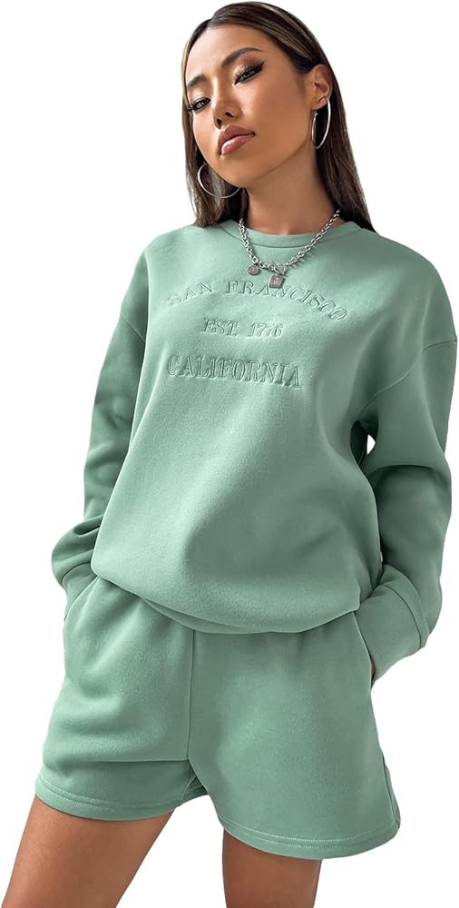 MakeMeChic Women's Sweatsuit Casual 2 Piece Outfits Letter Graphic Crewneck Sweatshirt and Shorts... | Amazon (US)