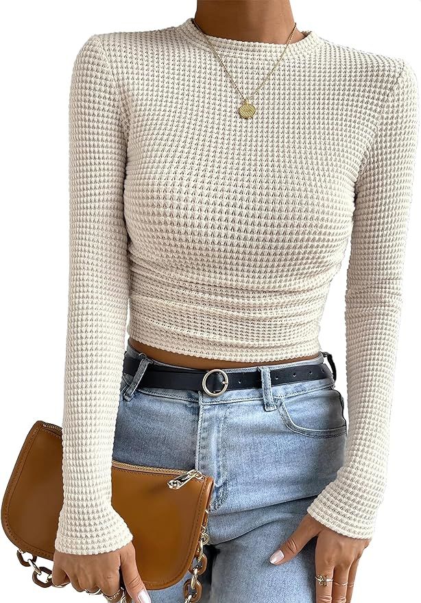 Labolliy Women Waffle Knit Long Sleeve Ruched Side Slim Fitted Tee Shirt Y2K Crop Tops | Amazon (US)