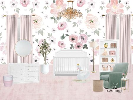 Pink floral baby girl nursery room, pink nursery, floral wallpaper, white crib, pink rug, nursery rug, nursery glider, pink curtains, swan rocker, white dresser, gold floral chandelier 

#LTKbaby #LTKkids