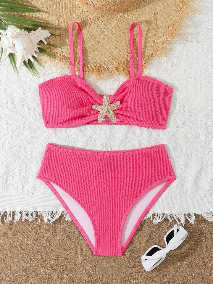 Wildeya Teen Girls' Fashionable Minimalist Apricot Bikini Set With Starfish Decor Young Girls Set... | SHEIN