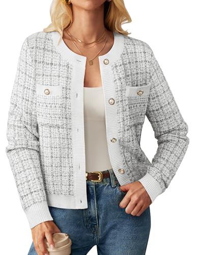 Cardigan for Women Long Sleeve Open Front Button Down Knitted Round Neck Dressy Trendy Jackets Outerwear White Black | Amazon (US)