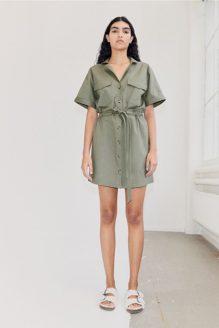 Linen-blend Utility Dress - Khaki green - Ladies | H&M US | H&M (US + CA)