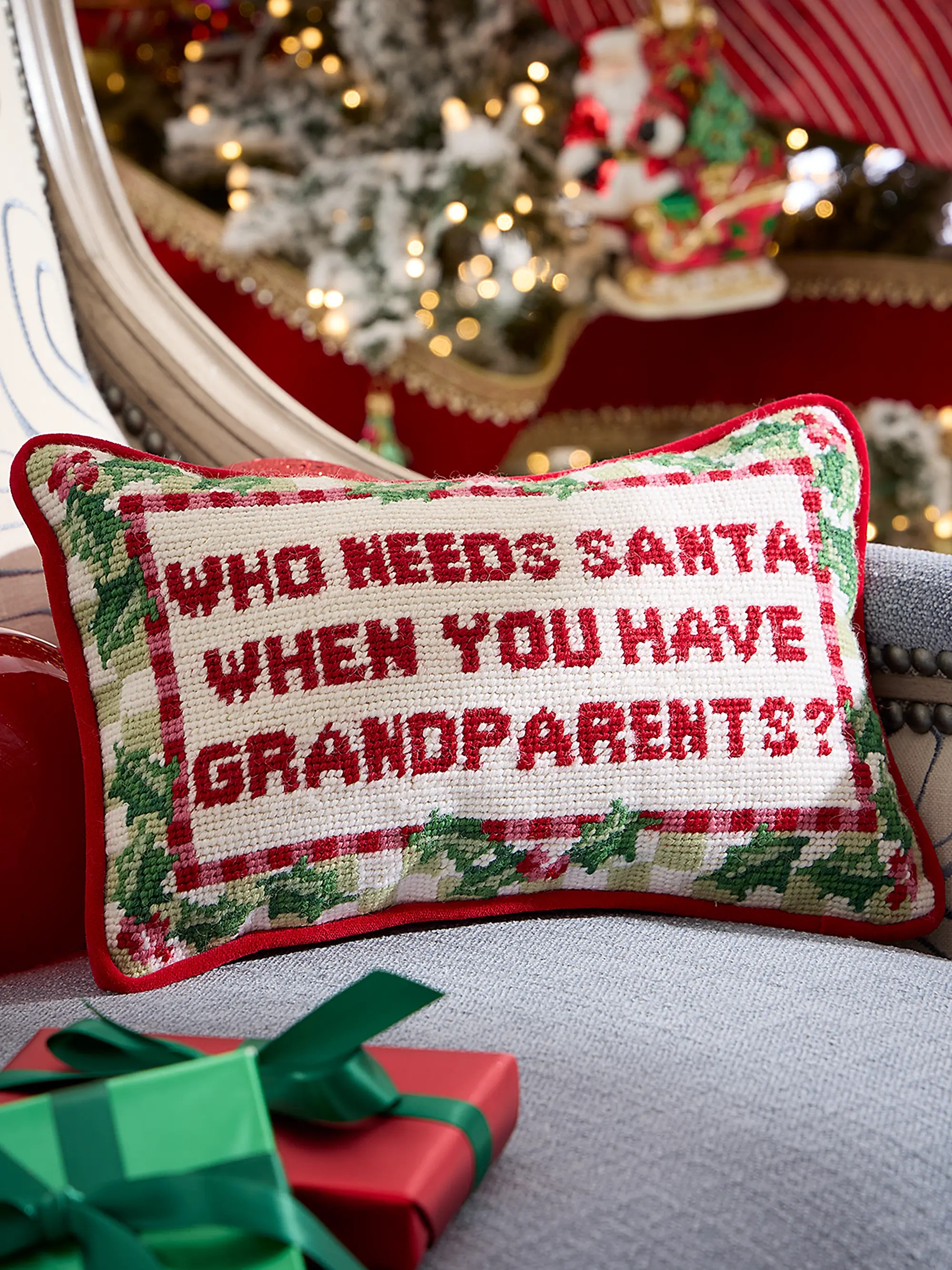 C & F Home Who Needs Santa Needlepoint Pillow | Saks Fifth Avenue | Saks Fifth Avenue