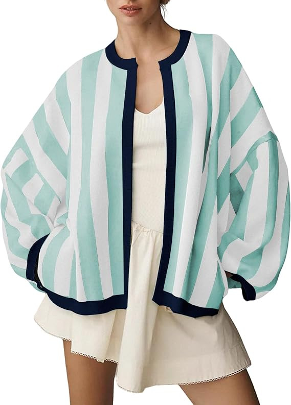 Women's Casual Loose Fit Striped Cardigan Long Balloon Sleeves Open Front Knit Sweater | Amazon (US)