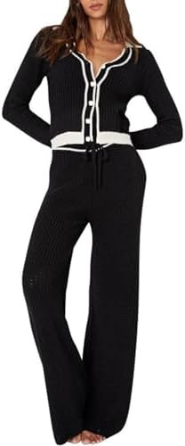 Viottiset Women's 2 Piece Outfits Sweatsuit Set Long Sleeve Button Sweatshirt Wide Leg Sweatpants... | Amazon (US)