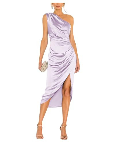 Women's Satin Formal Evening Dresses One Shoulder Wedding Guest Dress Ruched Midi Cocktail Gown with Slit Size 6 Lilac | Amazon (US)