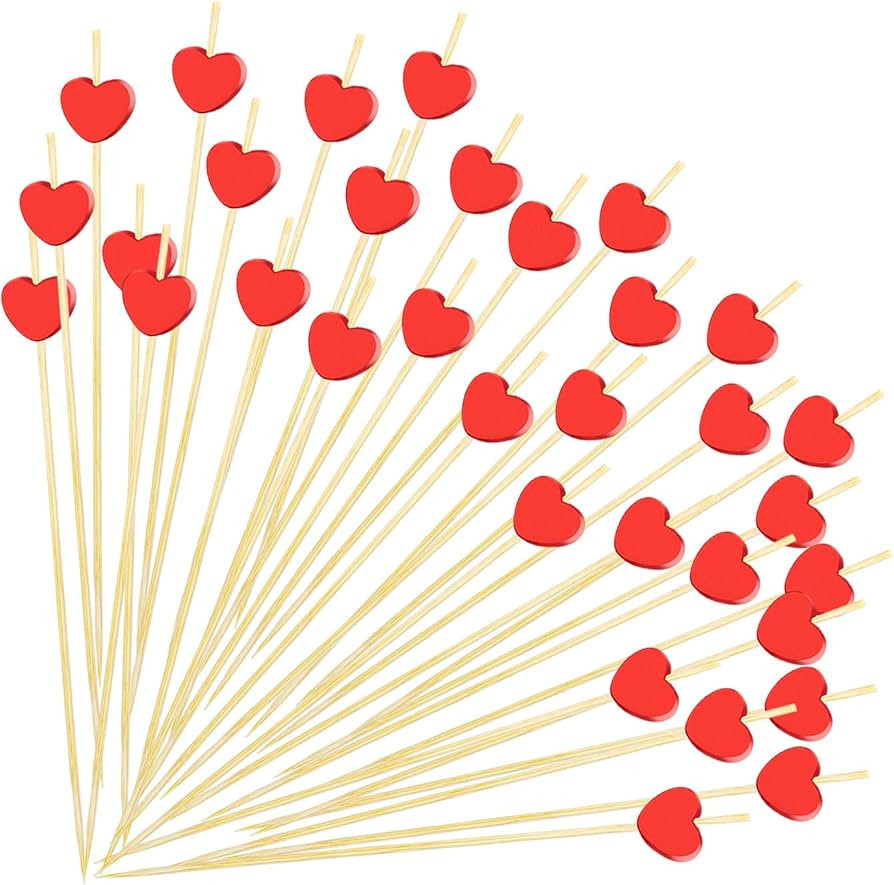 100 Pcs Red Heart Cocktail Picks 4.7 Inch Long Bamboo Fancy Toothpicks Fruit Sticks Cocktail Skew... | Amazon (US)