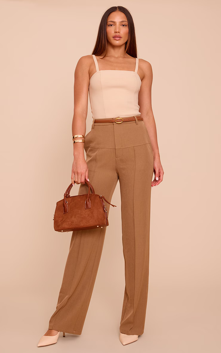 Tall Brown Tailored Thick Belted Waistband Detail Wide Leg Pants | PrettyLittleThing US