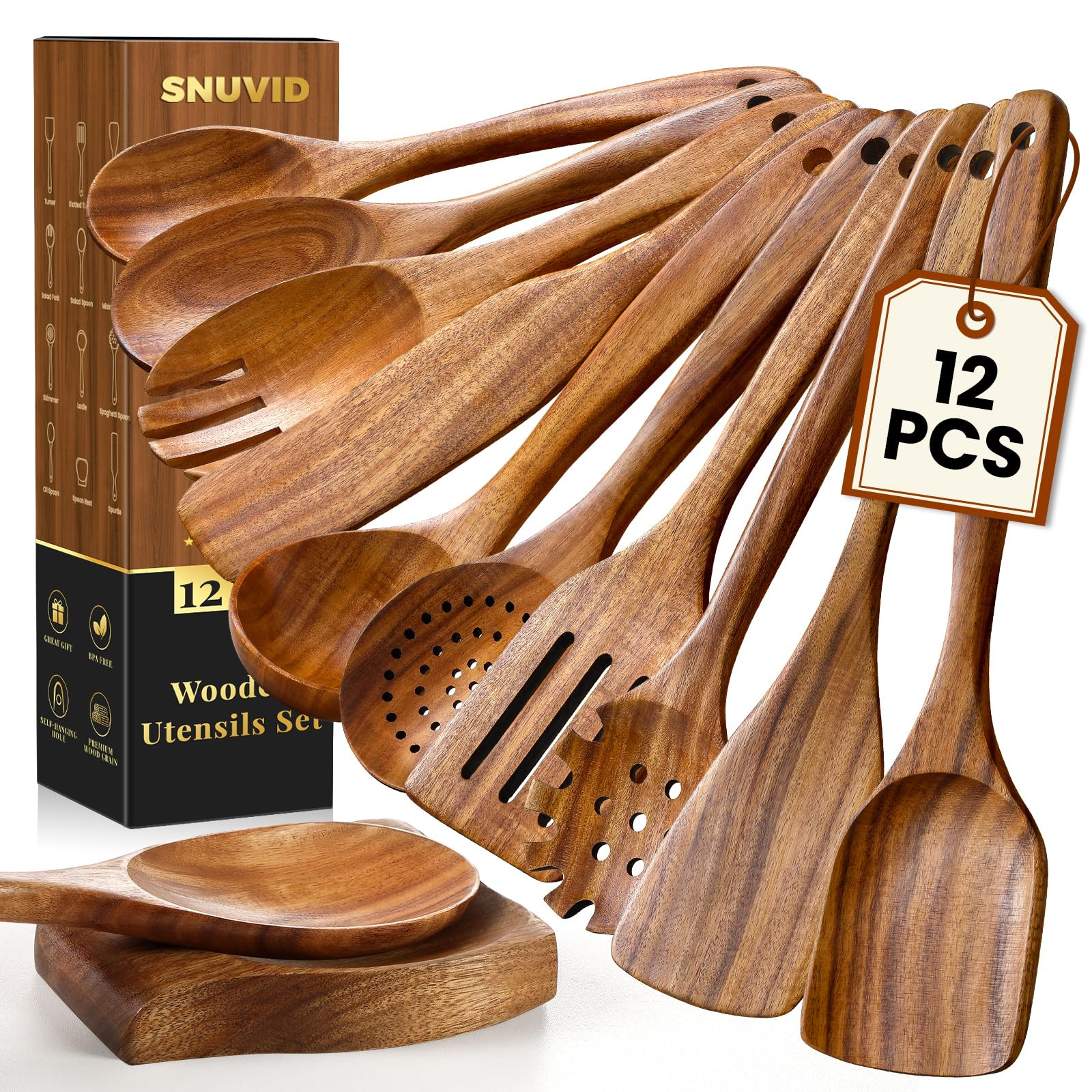 Wooden Spoons for Cooking, 12 Pcs Teak Wood Kitchen Utensils Set with Spoon Rest - Nonstick Heat ... | Amazon (US)