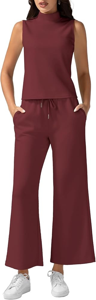 Casly Lamiit Women's Summer 2 Piece Outfits Mock Neck Tank Top Cropped Wide Leg Pants Lounge Sets... | Amazon (US)