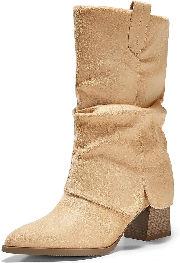 Coutgo Womens Fold Over Mid Calf Boots Slouchy Pointed Toe Chunky Heel Boots Pull On Winter Weste... | Amazon (US)