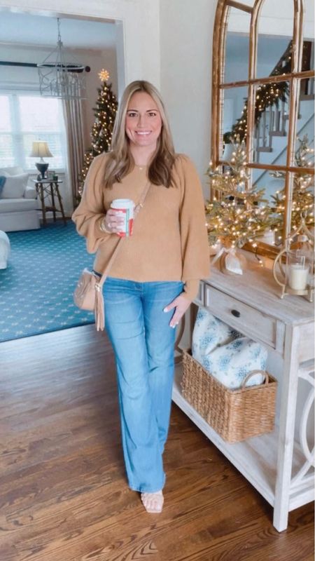 Crew neck puff sleeve sweater. Flare jeans. Gucci crossbody. Cubic zirconia stud earrings. Dainty gold layered necklace. Braided block heels. 

#LTKSeasonal #LTKGiftGuide #LTKHoliday