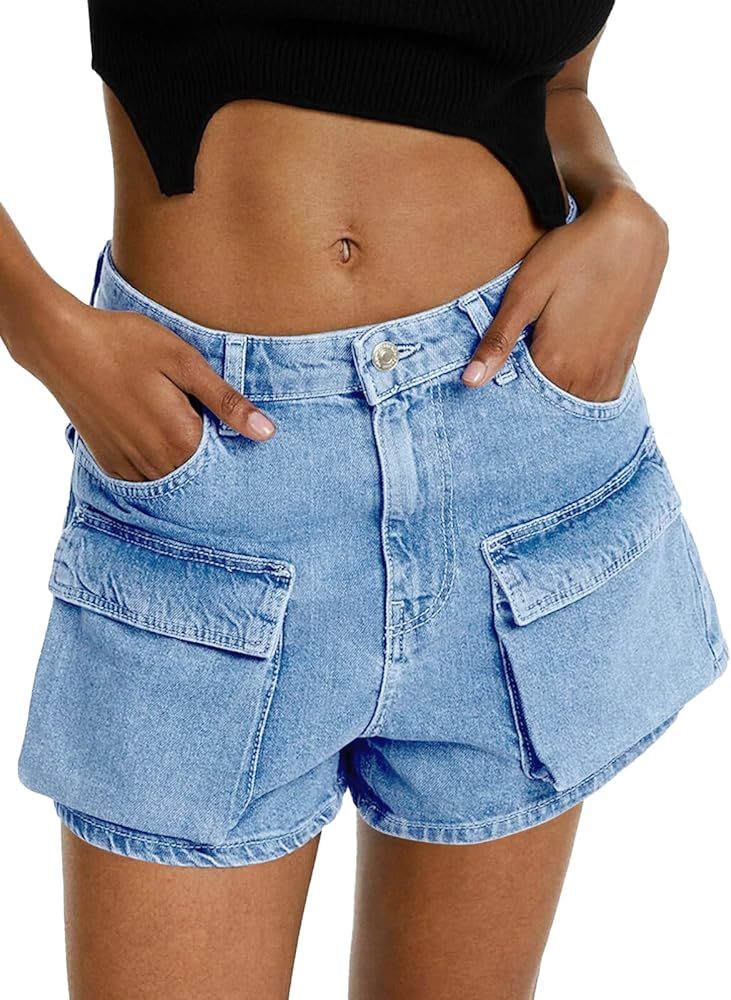 PLNOTME Women's Cargo Denim Shorts Cute Mid Rise Stretch 3.5" Inseam Short Jeans with Pockets | Amazon (US)