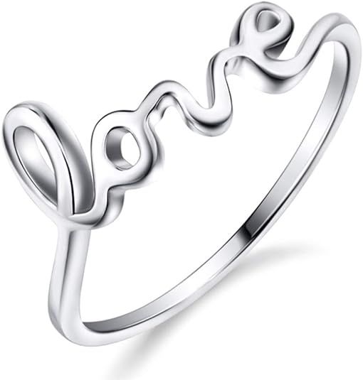 Sterling Silver Simple Love Script Ring Thin Band Promise Ring | Amazon (US)