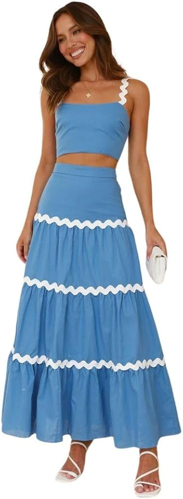 utcoco Womens Skirt Sets 2 Piece Outfits Wave Stripe Sleeveless Cropped Tank Top High Waisted Max... | Amazon (US)