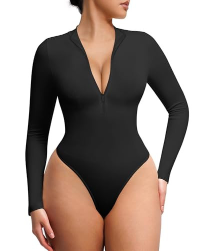 FeelinGirl Long Sleeve Body Shaper for Women Deep V Neck Going Out Top Shirts Tummy Control Shapewear Bodysuits Black XL/XXL | Amazon (US)