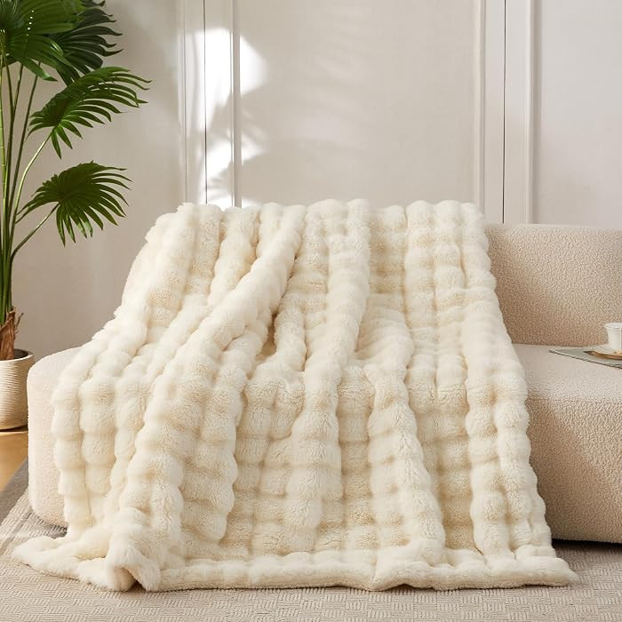COOVA Soft Bubble Faux Fur Throw Blanket, 50"x60", Ivory White | Amazon (US)