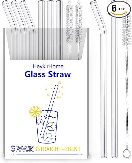 HeykirHome 6-Pack Reusable Glass Straw-Transparent,Size 8''x10 MM,Including 3 Straight and 3 Bent... | Amazon (US)