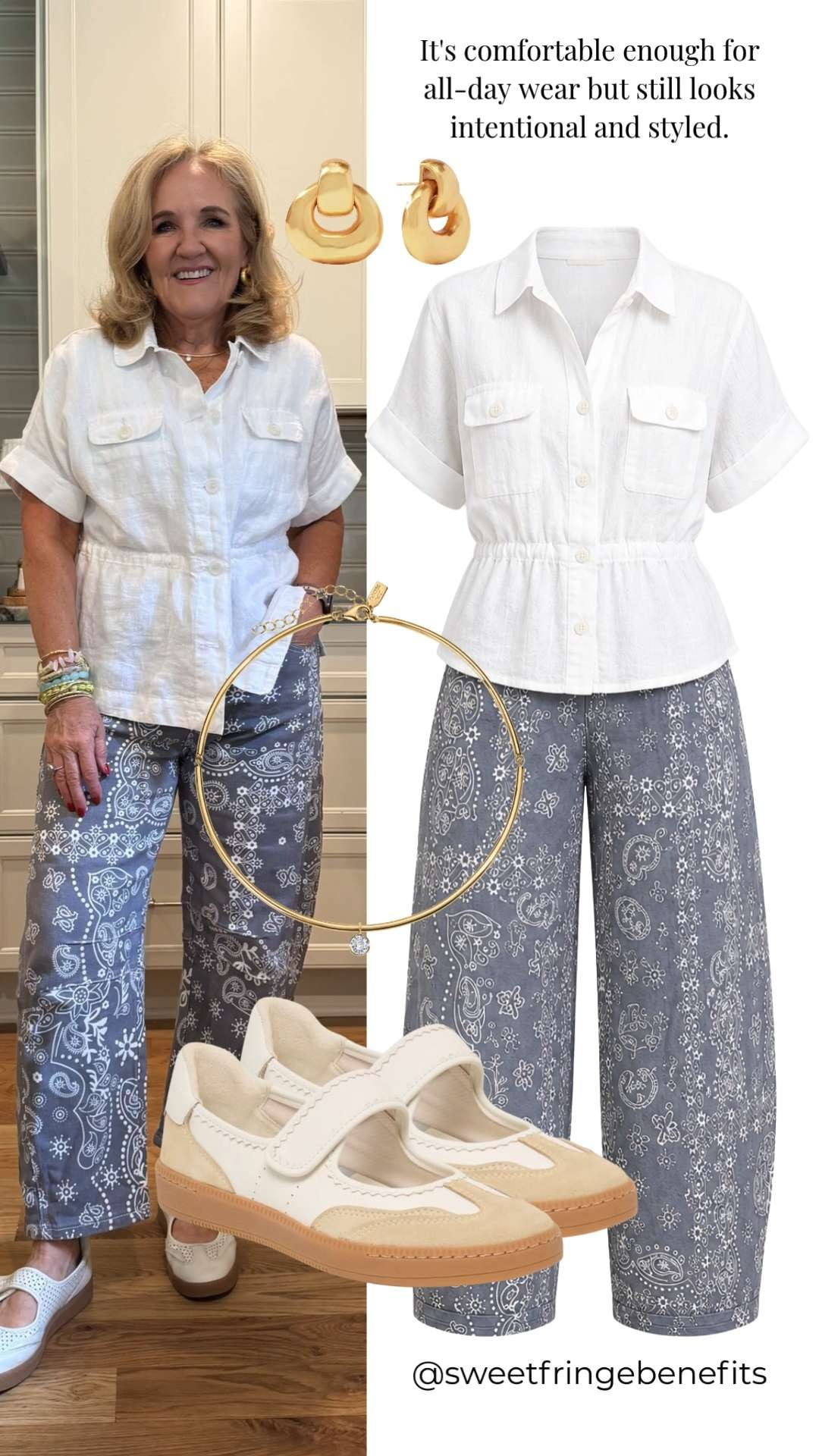 This look pairs a lightweight white shirt with printed blue pants that bring just the right amount of personality. 🫶🏻
20% off my bracelets with code NANETTE20

#LTKootd #LTKSeasonal #LTKSaleAlert