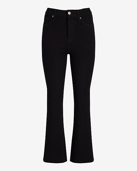 High Waisted Black Rinse Raw Hem FlexX Cropped Flare Jeans | Express