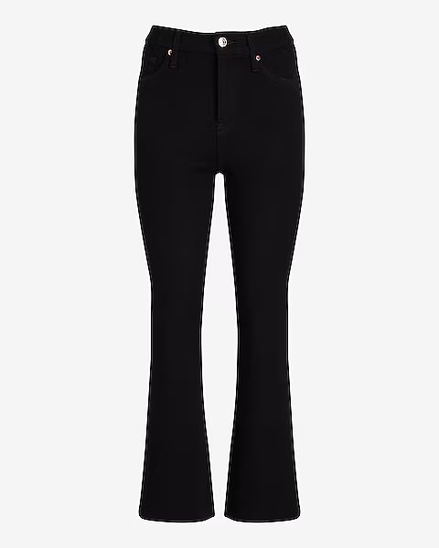 High Waisted Black Rinse Raw Hem FlexX Cropped Flare Jeans | Express (Pmt Risk)