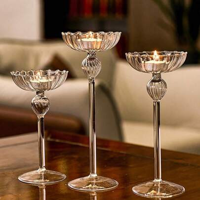 1PC European Style High Striped Transparent Glass Candlestick, European Style Simple Interior Decoration Candlestick, Used For Tabletop Decoration In | SHEIN