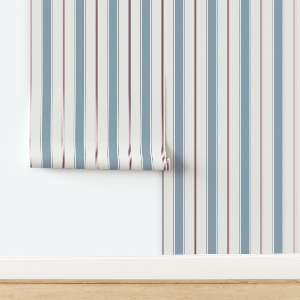 SMALL Sophisticated Early American Ticking English Stripe Blue & Burgundy Wallpaper | Spoonflower | Spoonflower