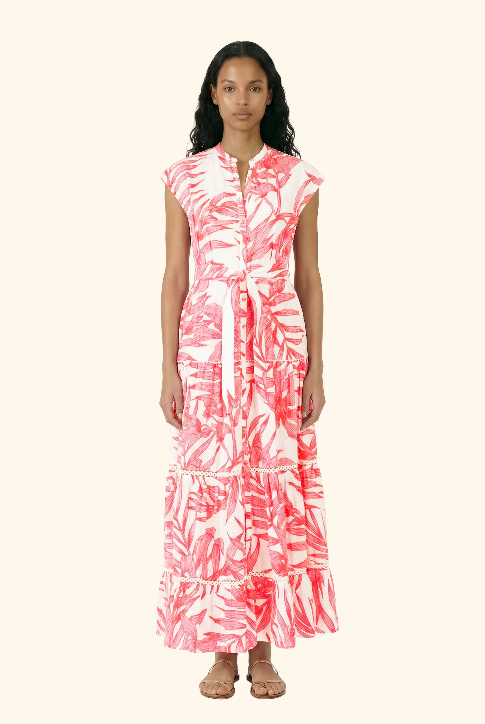 Long Dress Kora - Pink Palm Leaf | Poupette St Barth