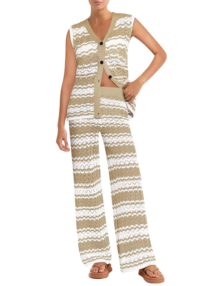 Imily Bela Womens 2 Piece Cover up Crochet Sets Striped Sleeveless Vest Tops Wide Leg Pants Summe... | Amazon (US)