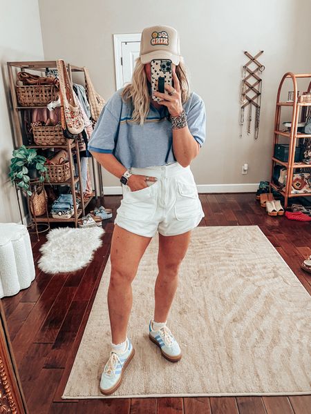 Beach road trip fit! 🩵🔆🏝️
Mens thrifted polo XL
Tank M/L
Shorts Small 
Adidas Gazelle Sized down 


#LTKStyleTip #LTKShoeCrush #LTKOver40