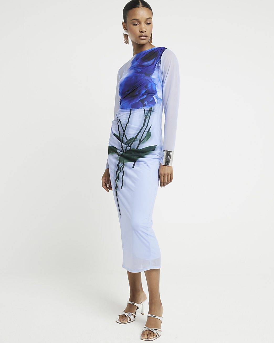 Blue mesh floral bodycon midi dress | River Island (UK & IE)